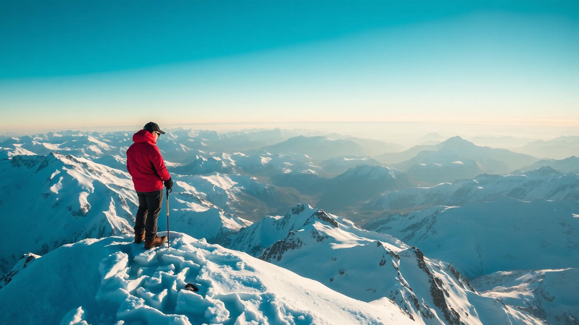 Mountaineer standing on an alpine summit at sunrise